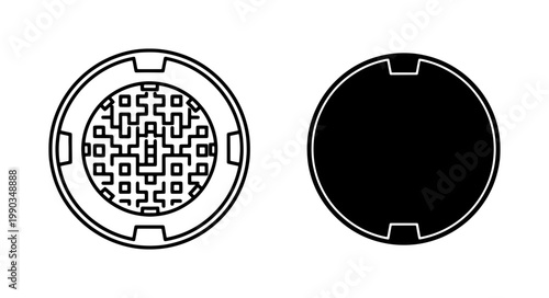 Manhole cover top view outline and silhouette icons