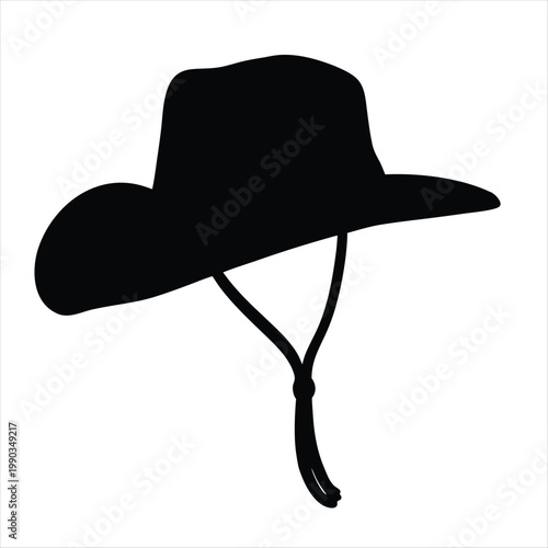 Cowboy hat silhouette with chin strap, classic western headwear icon for rancher or outback style