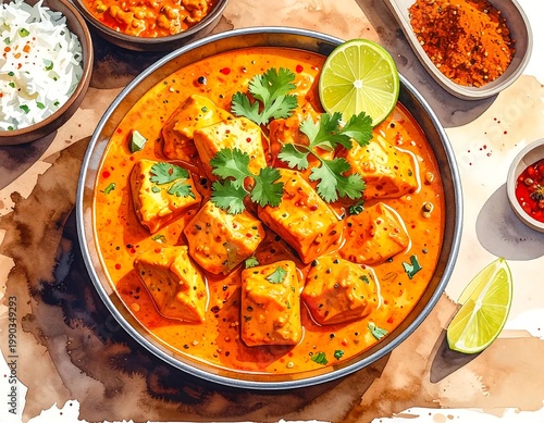 Indian Paneer Butter Masala Watercolor Illustration With Basmati Rice Spices And Lime Garnish In Artistic Top Down View