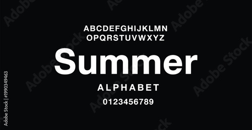 A black background with white text displaying the alphabet and numbers in a clean and modern font style for summer
