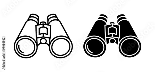 Binoculars icon set in black outline and solid silhouette