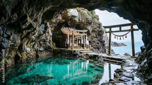 Sacred Shrine in Coastal Cave with Turquoise Waters