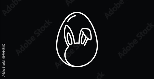 A minimalist illustration of a bunny inside an egg on a black background