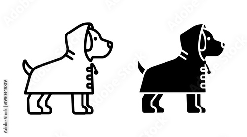 Dog wearing raincoat icon set in line and glyph style
