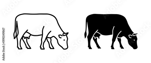 Grazing Cow Outline and Black Silhouette Vector Set
