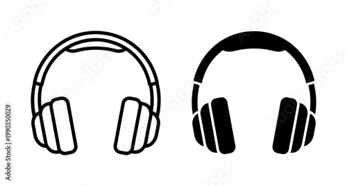 Headphones icon set in black outline and solid silhouette