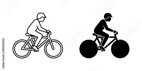 Cyclist riding bicycle icon set with helmet