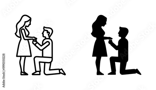 Man kneeling to propose with ring icon set