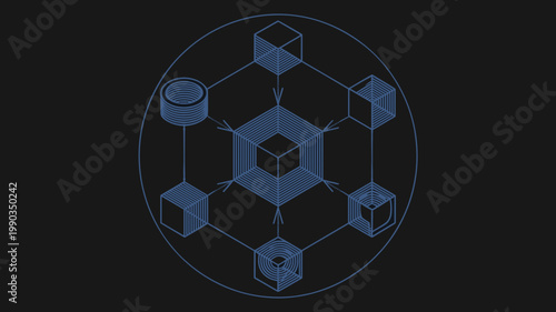 Radial isometric network hub symbol – Ideal for system integration, smart home ecosystems, or connective technology logos.