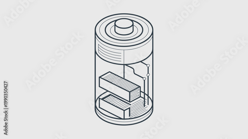 Wireframe cylindrical battery blueprint – Ideal for lithium-ion manufacturing, renewable storage tech, or engineering documentation.