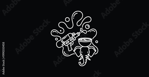A creative illustration of an elephant holding a spray gun and a bowl with abstract design elements