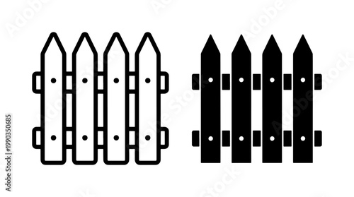 Wooden picket fence icon set in outline and solid style