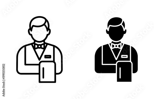 Professional Waiter Icon Set in Line and Solid Style