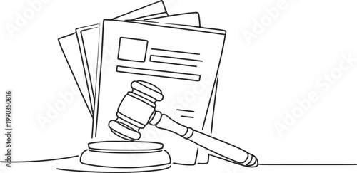 Law Documents and Judge Gavel Line Art Illustration, Legal Justice Court Concept Outline Design.