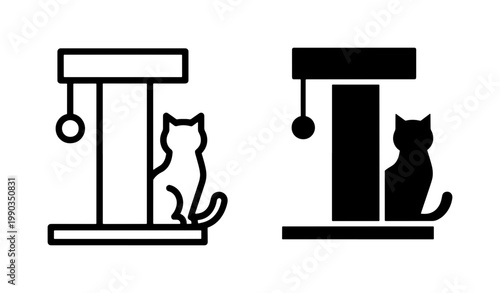 Cat scratching post icon with hanging toy ball