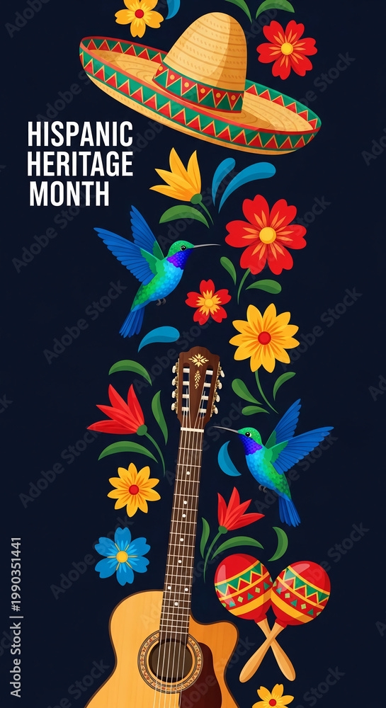 Fototapeta premium Illustration of a sombrero, guitar, maraca, hummingbird, and flower, celebrating Hispanic Heritage Month, representing culture and tradition