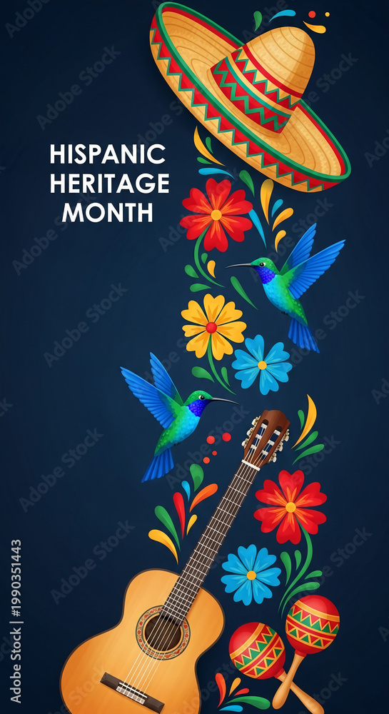 Fototapeta premium Illustration of traditional symbols: sombrero, guitar, maracas, hummingbird, and flowers, representing Hispanic Heritage Month celebration