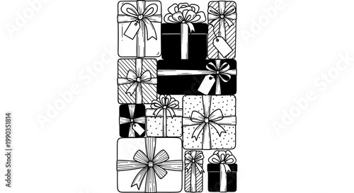 Hand Drawn Collection of Stacked Gift Boxes with Ribbons.