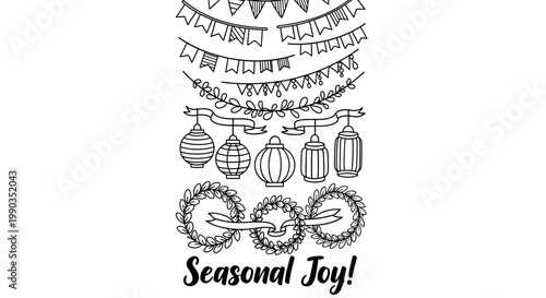 Hand drawn doodle set of festive party decorations and hanging lanterns with Seasonal Joy text.