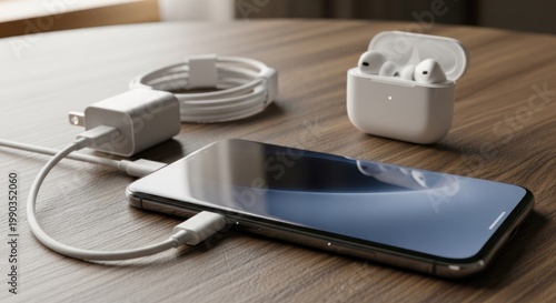 A smartphone connected to a charger with a pair of wireless earbuds in their case on a wooden table. The setup suggests a modern, tech-oriented environment.