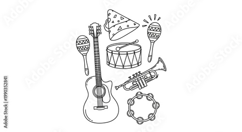 Hand drawn doodle collection of musical instruments and celebration items.