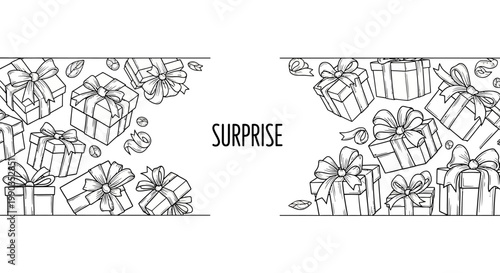 Black and white hand drawn sketch illustration of gift boxes with ribbons.