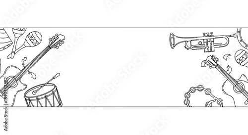 Hand drawn musical instruments outline border illustration.