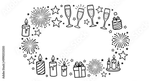 Hand drawn festive doodle frame with champagne glasses candles and fireworks.