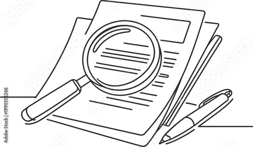Document Review with Magnifying Glass and Pen Line Art Illustration.