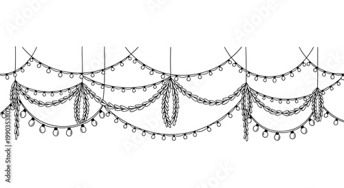 Hand drawn illustration of hanging decorative swags with beads and pearls.