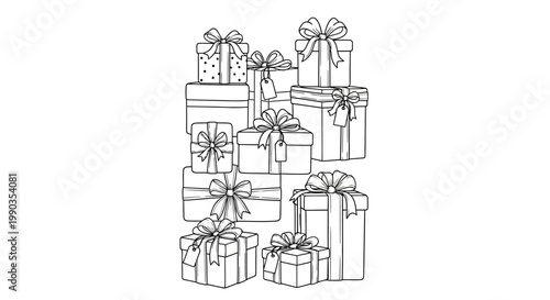 Black and white line art illustration of a stack of wrapped gift boxes.