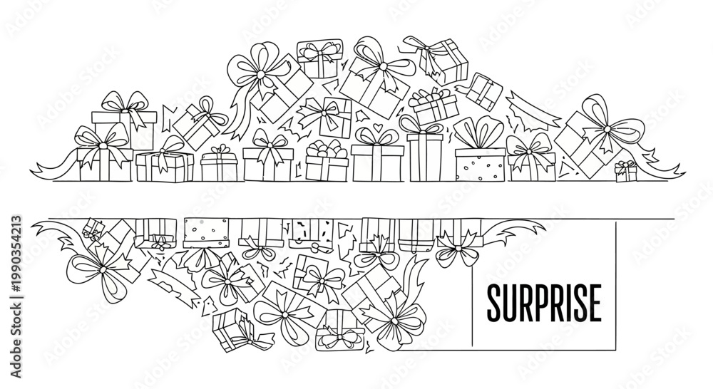 Fototapeta premium Black and white hand drawn sketch illustration of gift boxes with ribbons.
