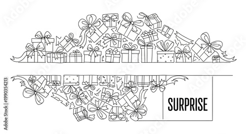 Black and white hand drawn sketch illustration of gift boxes with ribbons.