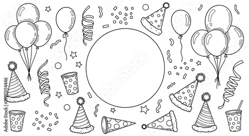 Hand drawn birthday party celebration doodle elements set.