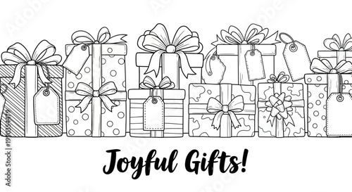 A line of hand drawn gift boxes with bows and tags for coloring.