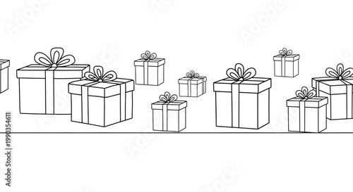 Black and white line art illustration of assorted gift boxes with ribbons.