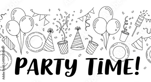 Hand Drawn Party Time Celebration Doodle Illustration.