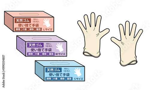 使い捨て手袋とそのパッケージ（天然ゴム・全サイズ）
