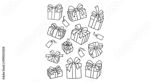Collection of hand drawn gift boxes and tags for celebration.
