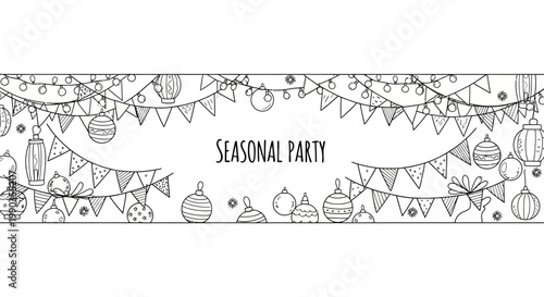 Hand drawn doodle seasonal party banner with decorative bunting and hanging lanterns.