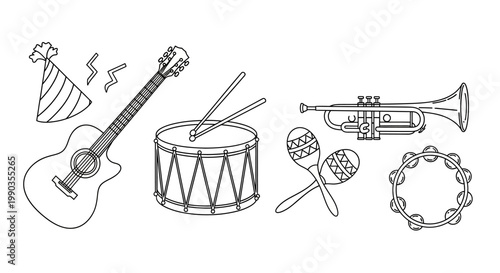 Hand drawn musical instruments and party hat illustration.
