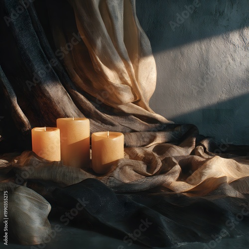 soothing textures, fabric, candles, warm shadows