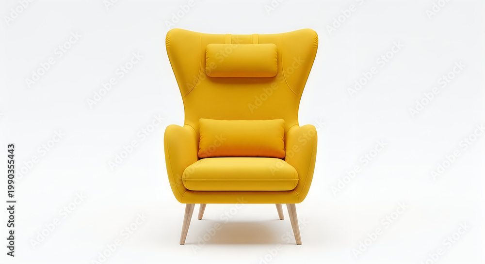 Fototapeta premium Modern yellow armchair with wooden legs and lumbar pillow