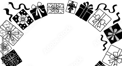 Hand drawn gift boxes and ribbon streamers frame.