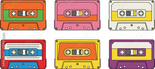 Retro Cassette Tape Collection with Colorful Audio Cassettes in Vintage Style for Music Design, Nostalgic Graphics, 80s 90s Themes, and Creative Projects.