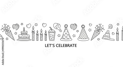 Hand drawn doodle border with party icons and lets celebrate text.