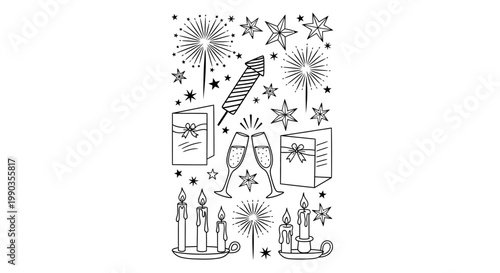 Festive New Year Celebration Doodles Set for Coloring.
