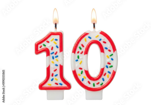 Celebration candles marking the tenth anniversary milestone isolated on transparent background png
