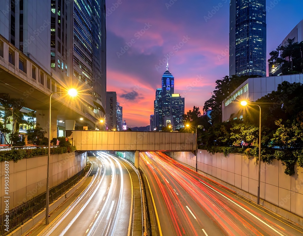 Fototapeta premium A cityscape at dusk with a busy highway and skyscrapers