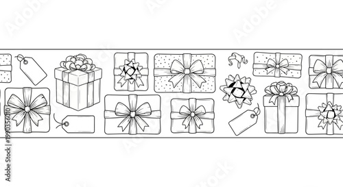 Seamless horizontal border of gift boxes and festive tags for holiday coloring page.